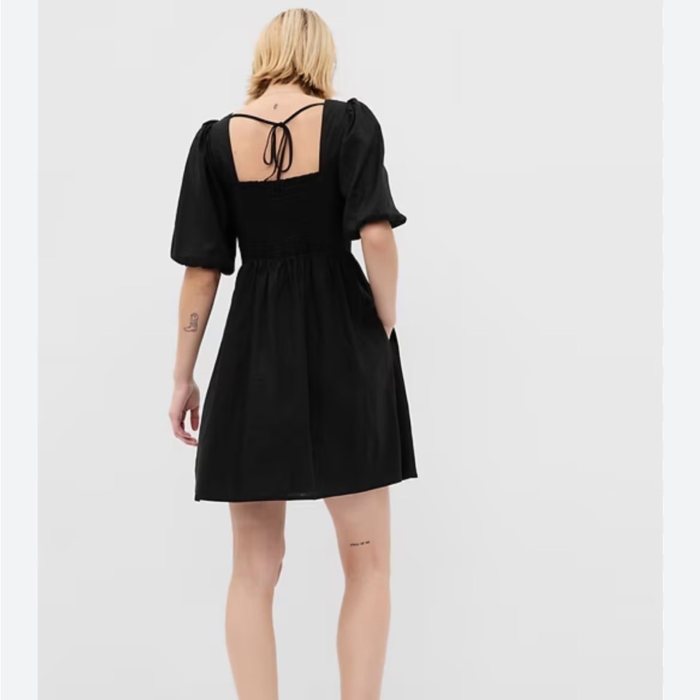 GAP Linen-blend Puff Sleeve Mini Dress Black Square Neck Size Medium